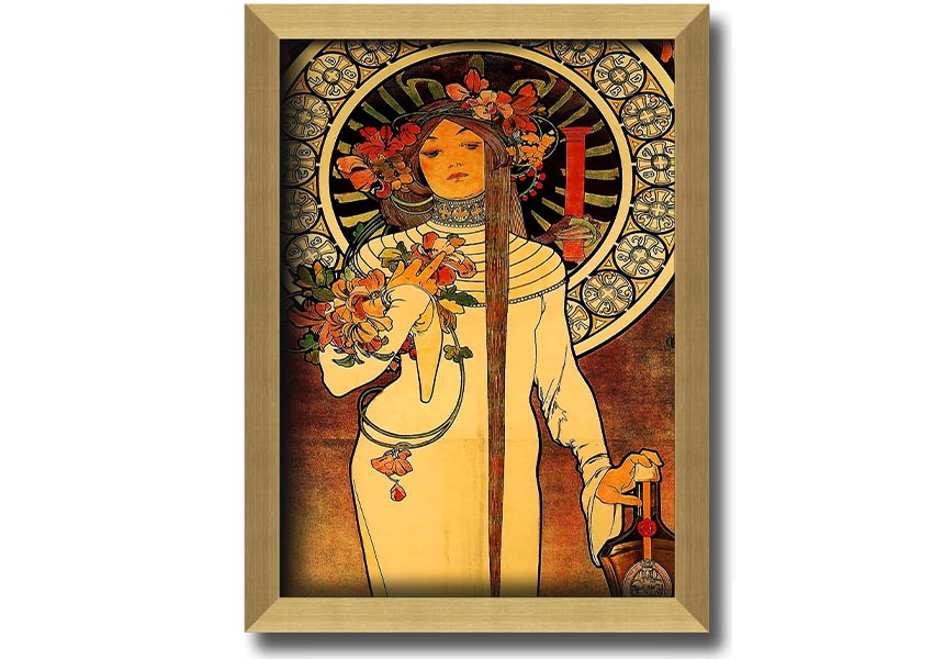 Framed print of Alphonse Mucha's La Trappistine artwork, showcasing intricate details and vibrant colors.